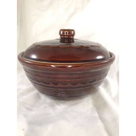 Vtg MARCREST OvenProof STONEWARE Brown Daisy Dot 1.5 QT CASSEROLE DISH w/LID USA - Picture 2 of 9